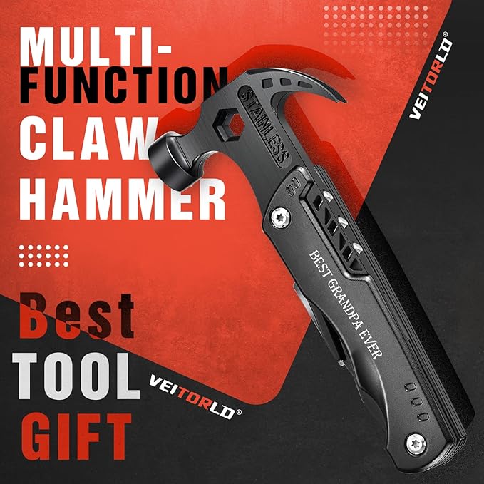 Gifts for Grandpa, Unique Birthday Gift Ideas for Papa Men Him Adults from Grandchildre, All in One Survival Tools Hammer Multitool, Cool Gadgets Presents, Camping Accessories