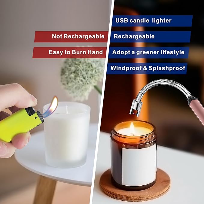 iinboBBQ Lighter Electric Lighter Rechargeable USB Candle Lighter with LED Battery Display Arc Lighter with Flexible Neck Flameless Long Lighters for Candles Grill BBQ Camping (Rose Gold)