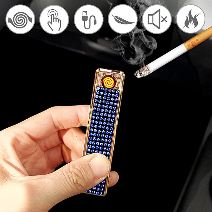 Rhinestone Lighter Electric Lighter Rechargeable Bling Glitter USB Lighter Flameless Girls Lighter for Women (Blue)