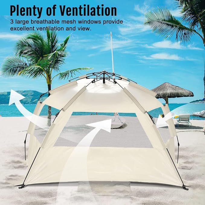 WhiteFang Deluxe Pop Up Beach Tent Sun Shade Shelter for 3-4/5-6 Person, UV Protection, Extendable Floor with 3 Ventilating Windows Plus Carrying Bag, Stakes, and Guy Lines