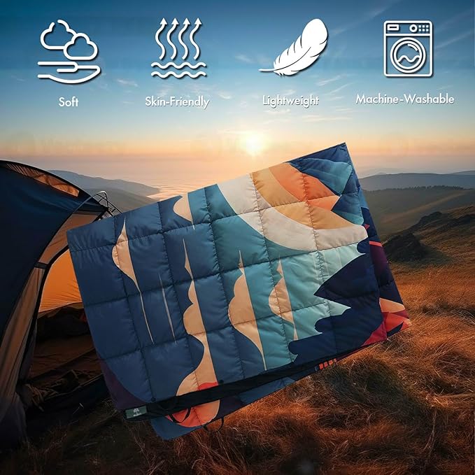Down Camping Blanket, Ultralight Compact Packable Throw with Snaps for Outdoor Indoor, Travel Stadium Concert Picnic Beach, Puffy 650 Fill Down Water-Resistant Quilt (Mountain Sunset)
