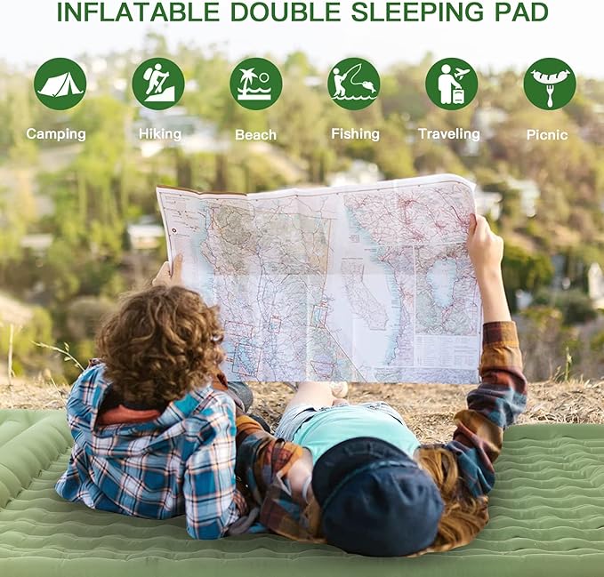 Double Camping Mat, 12cm Thicken Inflatable Double Camping Sleeping Pad for 2 Person Sleeping Mat with Built-in Foot Pump and Pillows for Backpacking,Hiking,Tent,Traveling