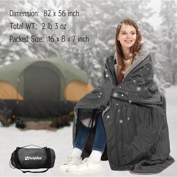 Outdoor/Indoor Sherpa Blanket, Oversized Waterproof Stadium Blanket for Cold Weather. Warm, Soft, Portable, Great for Stadium, Sports Events, Camping, Indoor - 82x56in., Dark Gray