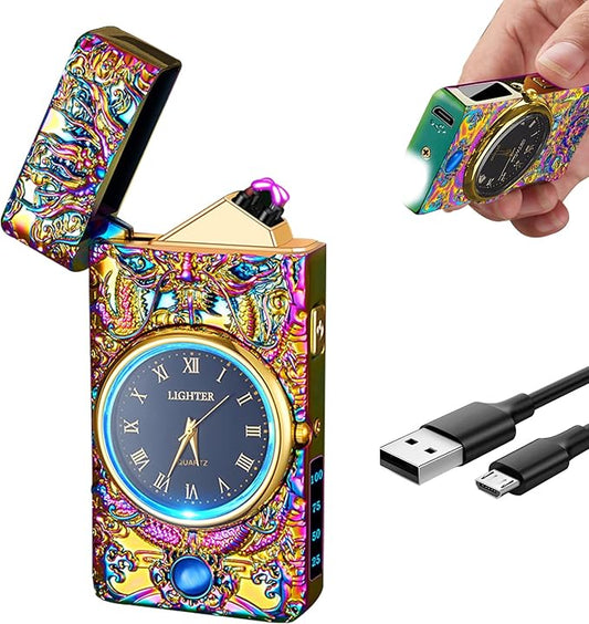 Cool Lighter with Clock Dial Electric Lighter with LED Power Display Plasma Lighter Windproof USB Rechargeable Lighter Gifts for Men Women(ColorsDragon)