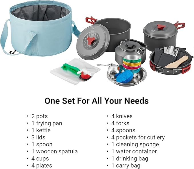 Bulin 24/13/11/8/4 PCS Camping Cookware Mess Kit Lightweight Backpacking Cooking Set Outdoor Cook Gear for Family Hiking, Picnic(Kettle, Pot, Frying Pan, Bowls, Plates, Spoon)