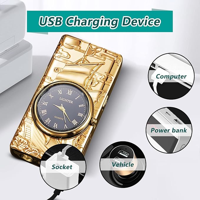 Electronic Lighter Electric lighters Rechargeable Flameless Windproof Plasma Lighter with Battery Indicator Cool lighters for Candle Candles, Fireworks, Camping, Hiking, Adventure(Gold)