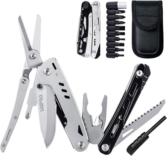 Multitool Pocket Knife for Men, Tactical Multi Tool Saw, Screwdriver kit, Flint with Nylon Pouch, Detachable Large Scissors Plier for Camping, Survival, Dad Gifts Ideas