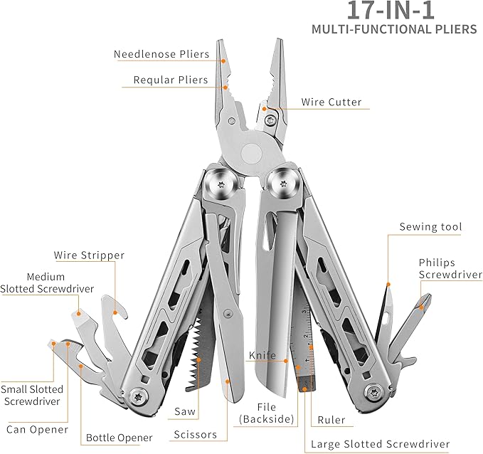 Multitool Pliers, 17-In-1 Heavy Duty Survival Multi-Tool with Sheath, Perfect Gadgets for EDC Survival Camping Hiking, Stocking Stuffers and Gifts for Men