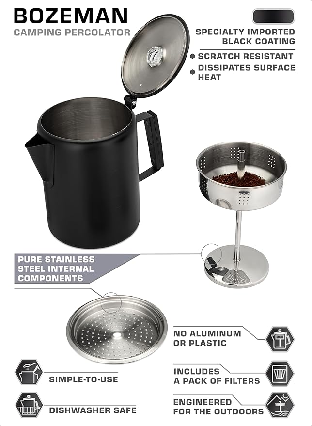 COLETTI Black Bozeman Percolator Coffee Pot — Camping Coffee Pot, Coffee Percolator – America’s Sleekest Percolator – Pure Stainless Steel, NO Aluminum or Plastic (12 Cup)