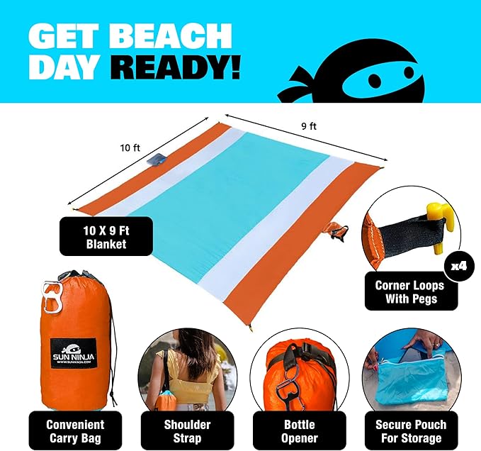 SUN NINJA Sand-Free Beach Blanket - 10ft X 9ft Lightweight Outdoor Blanket with Storage, Bottle Opener, Carabiner, Shoulder Strap, Corner Sand Pockets & 4 Stakes