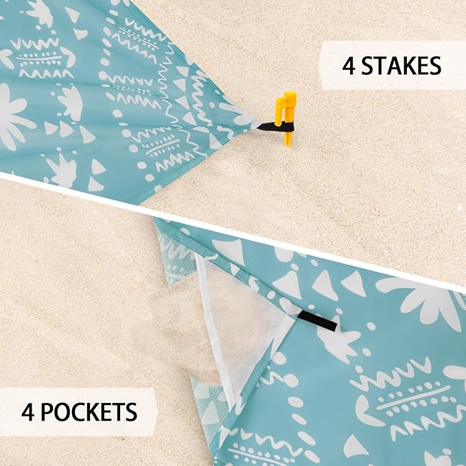 Bohemian Beach Blanket Waterproof Sandproof, 78”x 86” Large Sand Free Beach Mat with 4 Stakes & Portable Bag, Big Flodable Compact Outdoor Pockets Picnic Blanket for Festival, Camping - Boho Turquoise