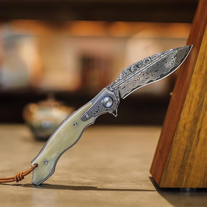 Handmade Damascus Steel Folding Hunting Knife with Leather Sheath,4.09'' Large Blade,Damascus and Bone Handle Pocket Knives for Men EDC Camping, Lepus-02