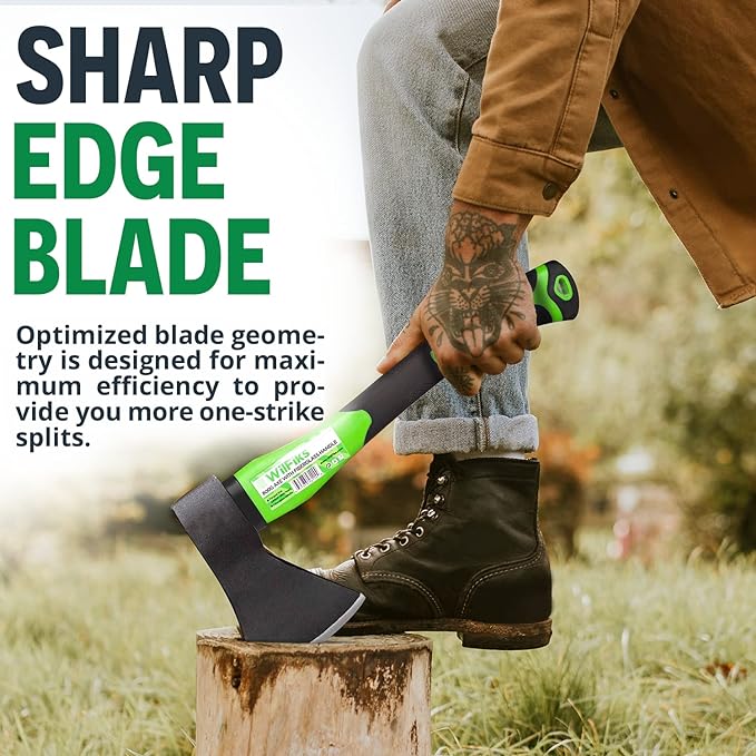 WilFiks Chopping Axe, 15” Camping Outdoor Hatchet for Wood Splitting and Kindling, Forged Carbon Steel Heat Treated Hand Maul Tool, Fiberglass Shock Reduction Handle with Anti-Slip Grip