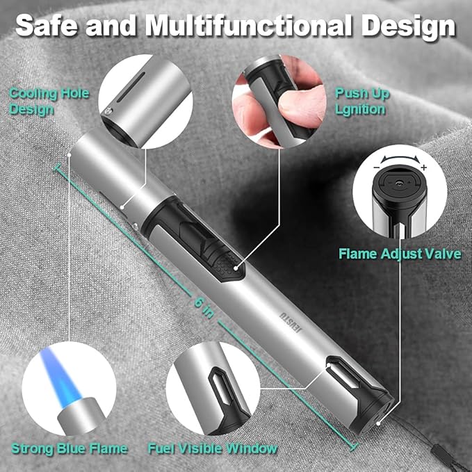 Torch Lighter, Butane Lighter 6.0in Long with Fuel Level Window, Windproof Pen Lighter Adjustable Jet Flame for Grill Candle Kitchen Fireplace Camping BBQ, Men Gifts, Silver. (Gas not Included)