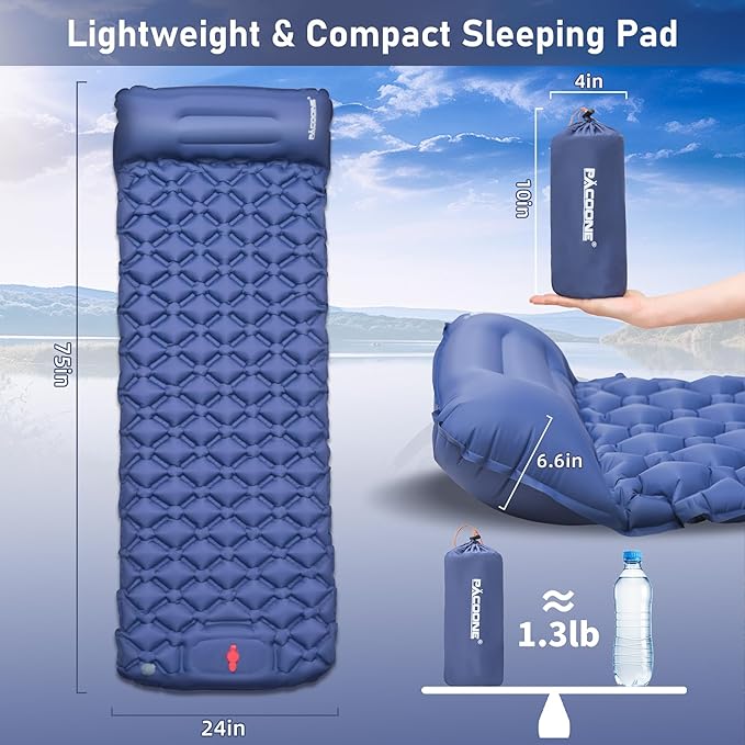 Camping Sleeping Pad, Ultra Light Camping Pad with Pillow Built-in Foot Pump Inflatable Sleeping Pad Compact and Lightweight Air Mat (Blue)