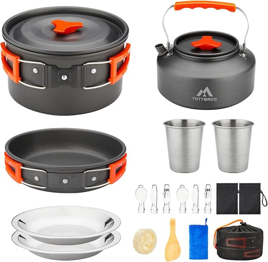 17pcs Camping Cookware Mess Kit, Non-Stick Pot Pan 1.1L Kettle Set with 2 set Stainless Steel Cups Plates Forks Knives Spoons for Hiking,Camping,Backpacking,Outdoor Cooking and Picnic