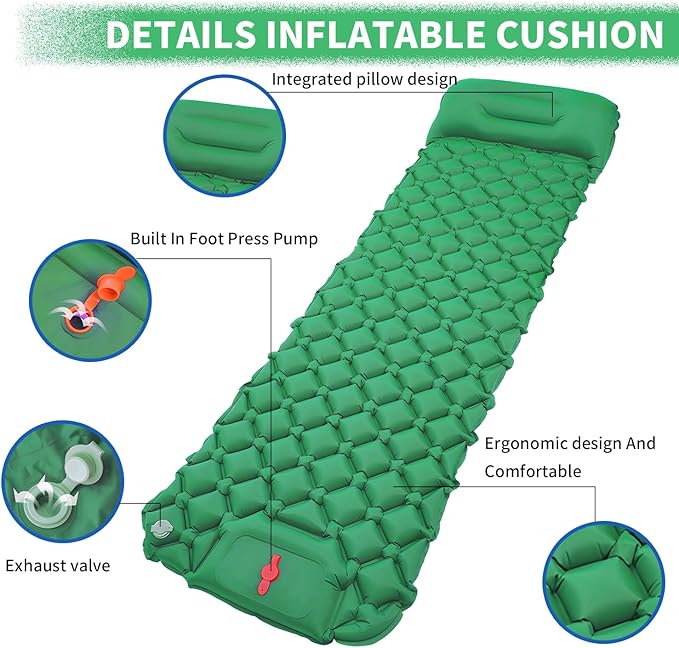 DDD Ultra-Light Inflatable Camping Sleeping Pad with its Built-in Foot Pump and Pillow - The Ultimate Camping pad, Hiking pad, Backpacking Pad and Lightweight for a Outdoor Sleep——Green