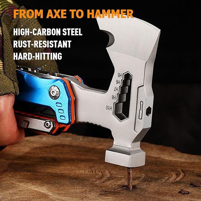 Camping Axe Multitool 17 IN 1, Foldable Camping Essentials Survival Gear Hatchet with Knife, Adjustable Wrench, Hammer, Screwdriver, Outdoor Multi Tool Stainless Steel Mens Gifts(Blue)