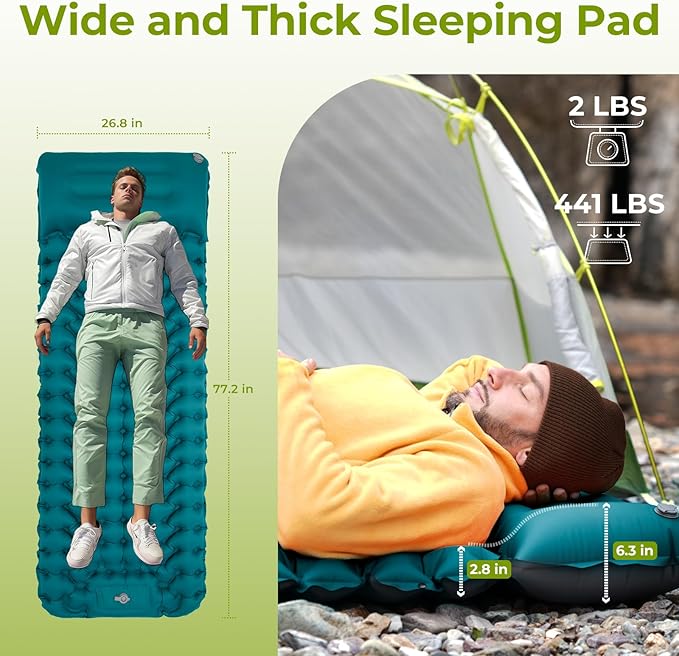 ATEPA Sleeping Pad, Ultralight Camping Backpacking, Inflatable Camping Mattress Built-in Foot Pump Pillow, 77"X27" Outdoor Hiking Trekking Camping Inflatable & Compact Pad Peacock Blue