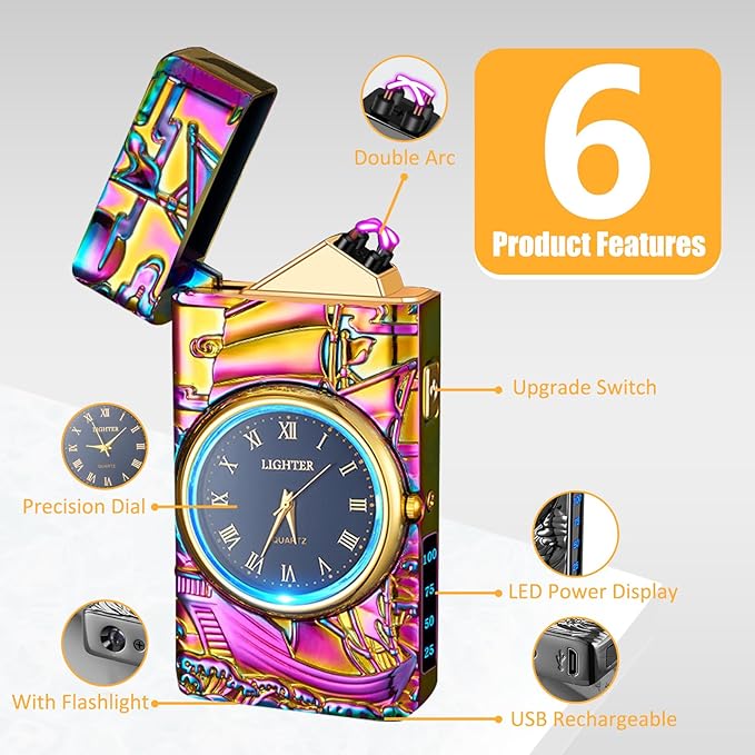 Cool Lighter with Clock Dial Electric Lighter with LED Power Display Plasma Lighter Windproof USB Rechargeable Lighter Gifts for Men Women (Sailboat-Magic)