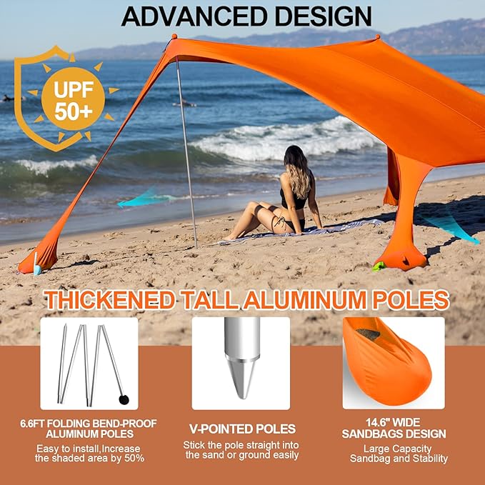Buheco Beach Tent Pop Up Shade 7x7.5ft Beach Canopy Sun Shelter UPF50+ with 4 Foldable Poles-Portable Carrying Bag-Sand Shovel-Ground Pegs-Windproof Ropes for Outdoor Family Camping-Fishing- Picnic