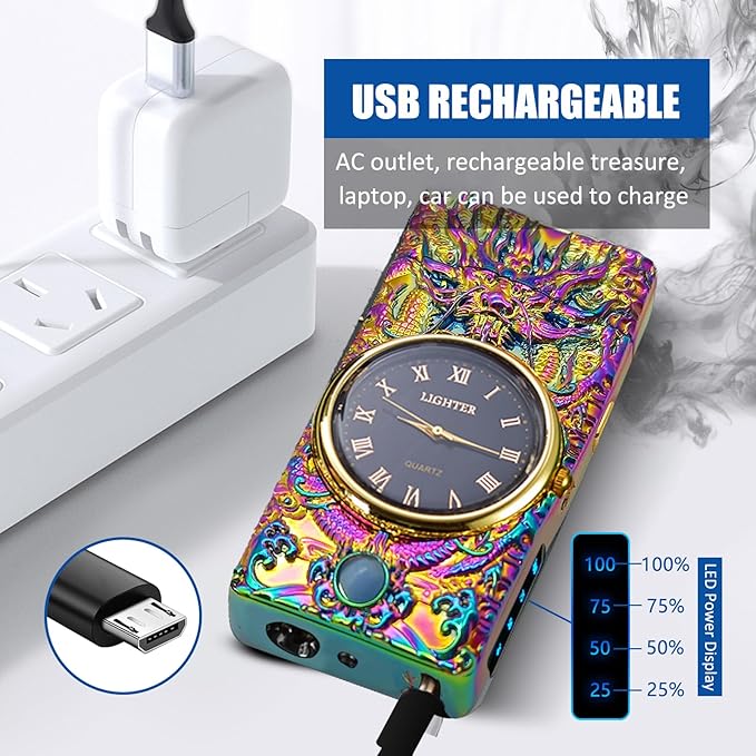 Cool Lighter with Clock Dial Electric Lighter with LED Power Display Plasma Lighter Windproof USB Rechargeable Lighter Gifts for Men Women(ColorsDragon)