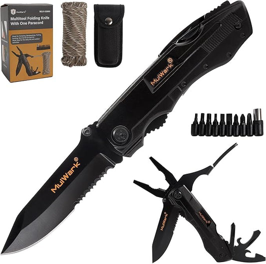 MULWARK Folding Multitool Pocket Knife 12 in 1 Survival Knife - Pocket Knife for Men - Gift for Men, Hunting Knife, Tactical Camping Knife - Black