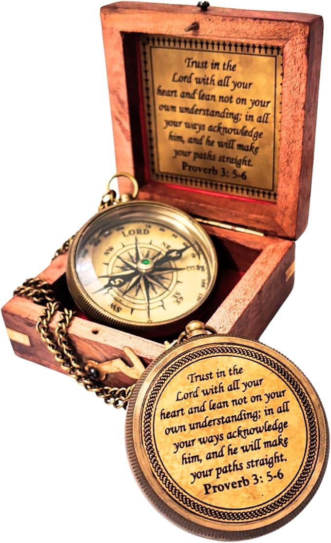 Trust in The Lord - Proverbs 3: 5-6 Engraved Compass, Wood Box Greeting, Inspirational Gift Men, Christian Boys Baptism Gifts, Graduation Day
