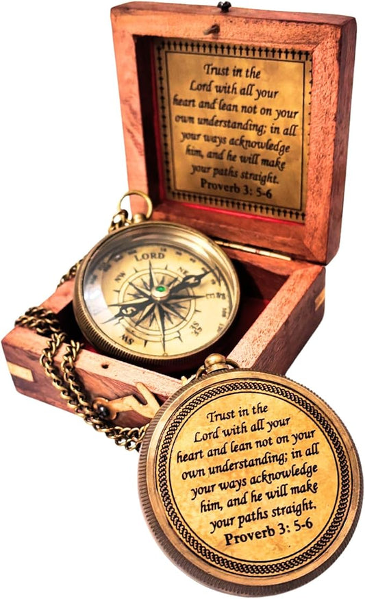 Trust in The Lord - Proverbs 3: 5-6 Engraved Compass, Wood Box Greeting, Inspirational Gift Men, Christian Boys Baptism Gifts, Graduation Day