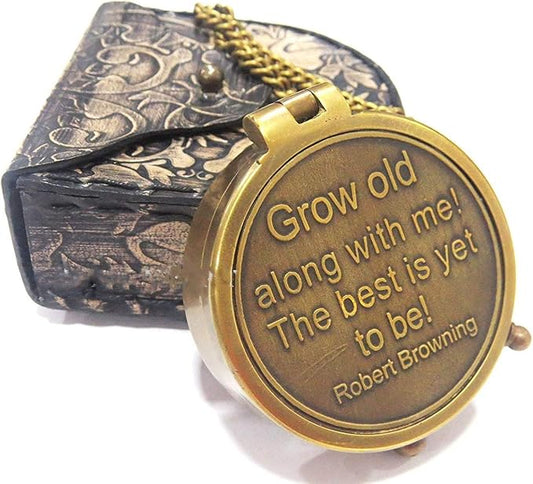 Grow Old Along with Me Compass Engraved Personalized Inscription Antique Brass Compass Engraved with Leather Case Romantic Gift Ideas for Him/Her - Husband Gifts from Wife, for Men
