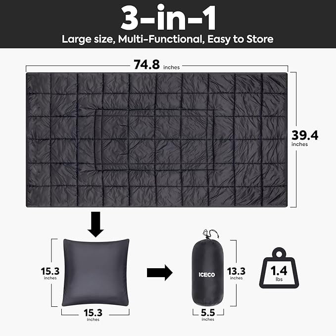 ICECO Camping Blanket, Travel Blanket Compact, Sustainable Insulated Outdoor Blanket, 500g Filling Cotton, Lightweight & Warm Quilt for Camping, Stadium, Travel, Hiking & Outdoor