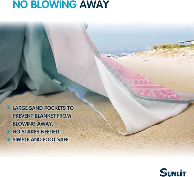 Sunlit 10'x9' Extra Large Boho Sand Proof Beach Blanket, Sand Proof Mat with Corner Pockets and Mesh Bag for Beach Party, Travel, Camping and Outdoor Music Festival, Blue and Pink Circle Mandala