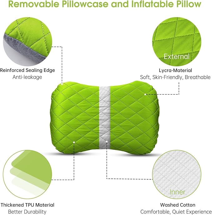 Inflatable Camping Pillow with Removable Cover - Ultralight Compact Camp Pillows for Sleeping, Backpacking, Hiking, Beach, Outdoor - Portable Blow Up Air Travel Pillow for Neck & Lumbar Support -Green