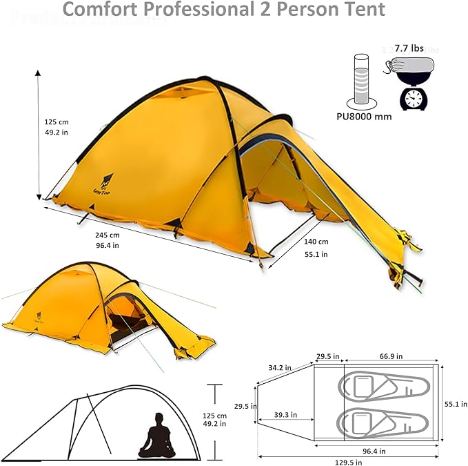 Geertop Portable 2 Person 4 Season Tent Waterproof Backpacking Tent Double Layer All Weather for Camping Hiking Travel Climbing Mountaineering - Easy Set Up