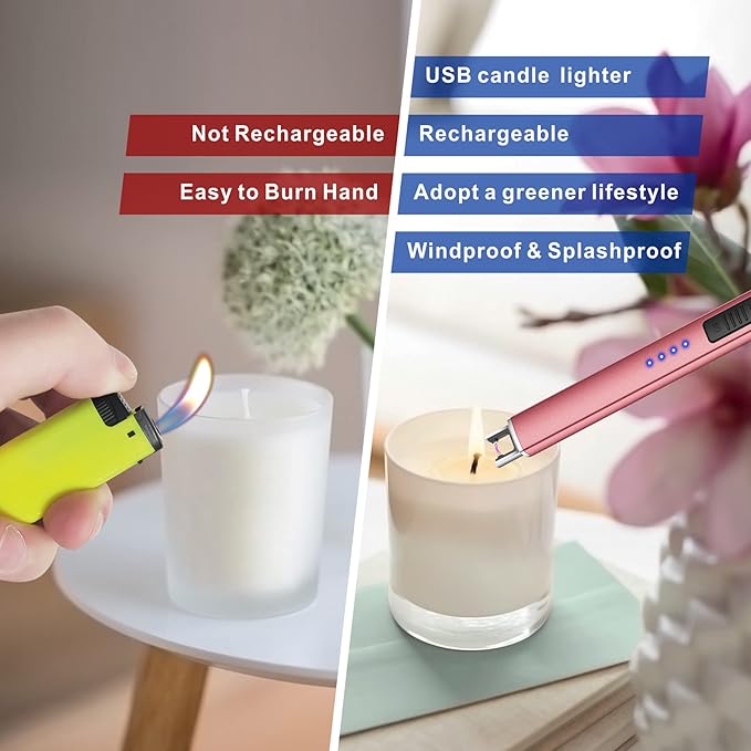 Electric Candle Lighter Camping Lighter USB Rechargeable Lighter Flameless Plasma Windproof Long Lighters for Candle Cooking BBQs Fireworks (Rose Gold)