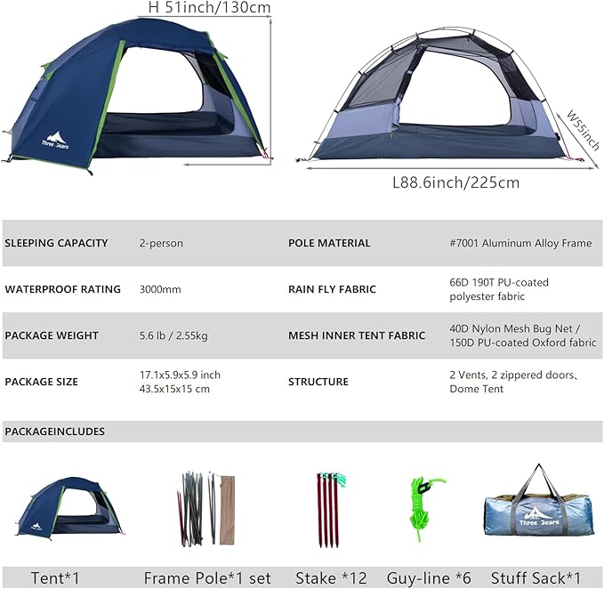 ThreeBears 2-Person Camping Tent, Waterproof & Windproof Lightweight Backpacking Tent for Hiking, Camping, Mountaineering & Travel - Durable & Easy Setup