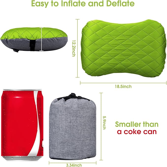 Inflatable Camping Pillow with Removable Cover - Ultralight Compact Camp Pillows for Sleeping, Backpacking, Hiking, Beach, Outdoor - Portable Blow Up Air Travel Pillow for Neck & Lumbar Support -Green