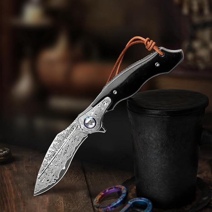 Knives Lepus-02B|Folding Knives & Pocket Knife for Men, Outdoor Flipper Knife,4.09" Damascus Steel,OX Bone Scale,Collections, Gift Box
