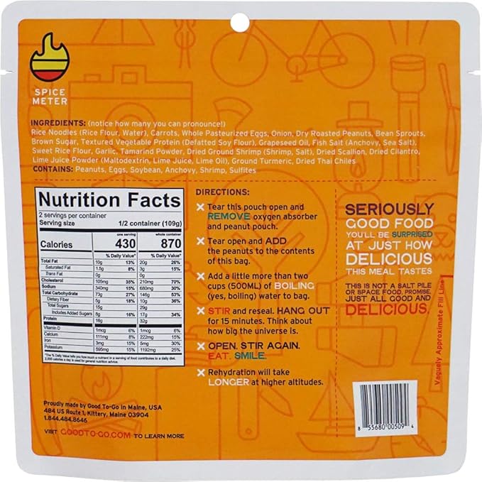 GOOD TO-GO Pad Thai | Camping Food, Backpacking Food (Double Serving) | Just Add Water Meals, Backpacking Meals | Dehydrated Meals Taste Better Than Freeze Dried Meals