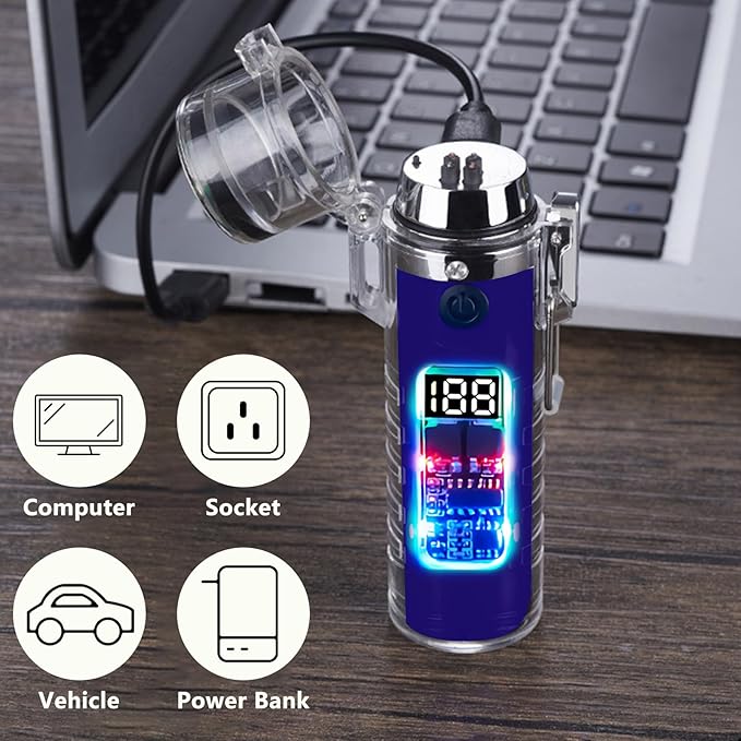 YOZWOO Plasma Electric Lighter USB Rechargeable Lighter Double Arc Windproof Flameless Lighter Type-C Transparent Waterproof Outdoor Lighter with LED Power Display for Camping, Adventure(Blue)