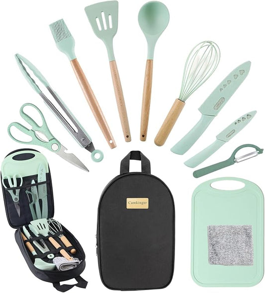 Camping Accessories Kitchen Cooking Utensils Set - Portable Outdoor Camp Cookware Set, Silicone Camper Essentials Gear Must Have Supplies for Travel RV BBQ Grill Picnic Hiking