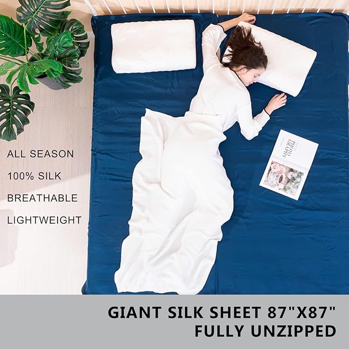 100% Silk Sleep Sack with All Around Zippers, 87”x43” Large Sleeping Sheets for Hotels, Travel & Camping, Multifunctional Travel Sheets (Unzipped:87”x87”) for Adults, Lightweight, All Season