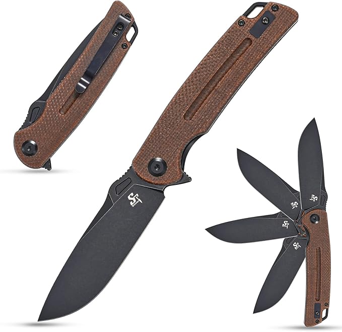 Sitivien ST137 Folding Knife,D2 Satin Blade,Micarta Handle EDC Tool Knife for Outdoor Hiking Camping Fishing(Brown)