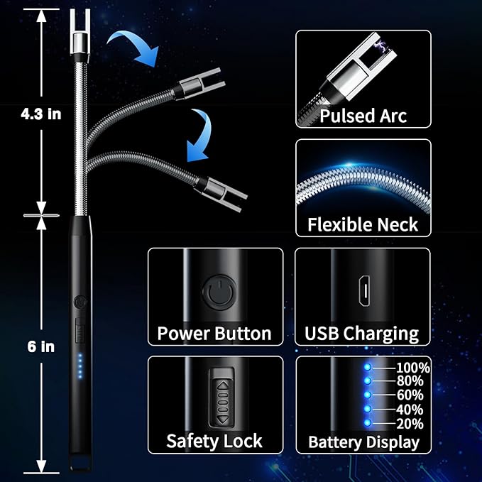 Rechargeable Candle Lighter, Electric Lighter with LED Power Display, flameless Windproof Long Lighter, 360° Flexible Neck, for Candles, Camping, Barbecue(2 Pack)