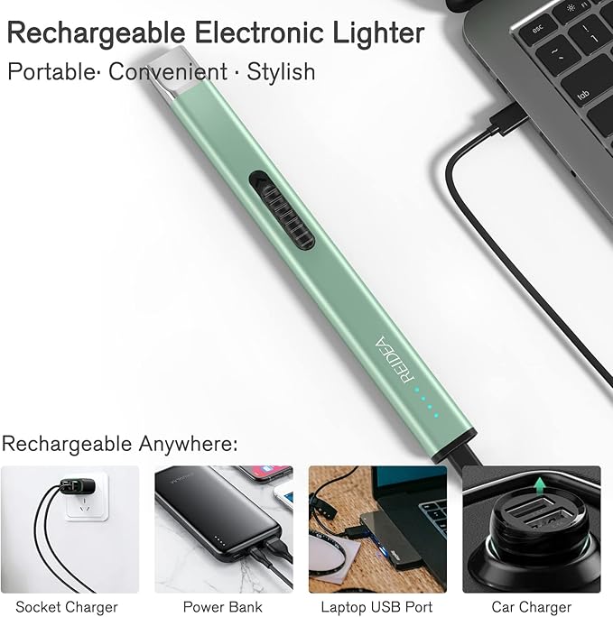 REIDEA Electric Lighter R1 Flat Candle Lighter, Windproof Flameless USB Rechargeable Arc Lighter with Safe Button and Power Indicator for Candle, BBQ and Fireworks, Mint Green