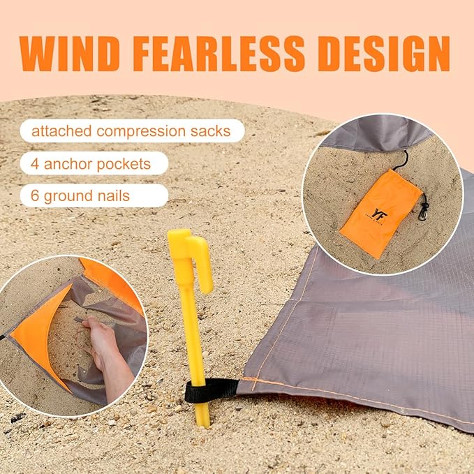 Yonge & Finch Large Beach Blanket Sandproof Heat-Resistent Beach Mat Machine Washable Camp Blanket Packable Pocket Blanket Waterproof Outdoor Blanket Fit 4-7 Persons 83 * 79inch Orange