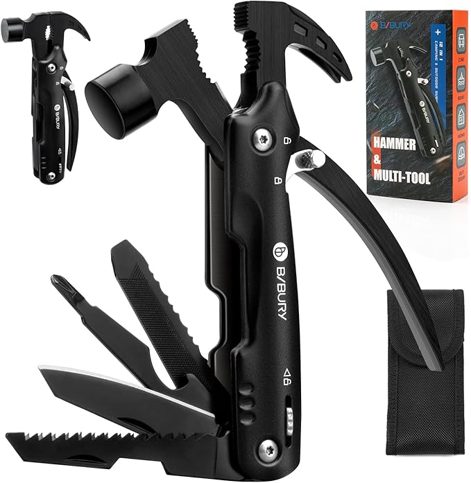 BIBURY Hammer Multitool Camping Tool, 12-in-1 Survival Gear Outdoor Multi Tool with Safety Lock, Cool Gadgets Survival EDC Multi-Tool for Outdoor, Camping, Hiking, Survival
