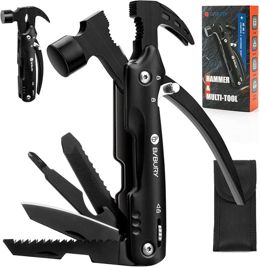 BIBURY Hammer Multitool Camping Tool, 12-in-1 Survival Gear Outdoor Multi Tool with Safety Lock, Cool Gadgets Survival EDC Multi-Tool for Outdoor, Camping, Hiking, Survival