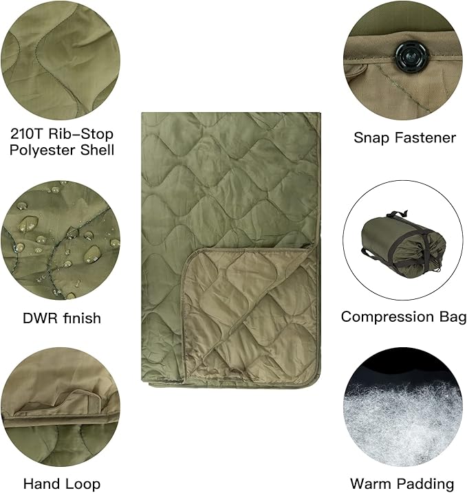 Military Poncho Liner 55”x 79” Camping Blanket Woobie Compact Waterproof for Travel Stadium Outdoor Camping
