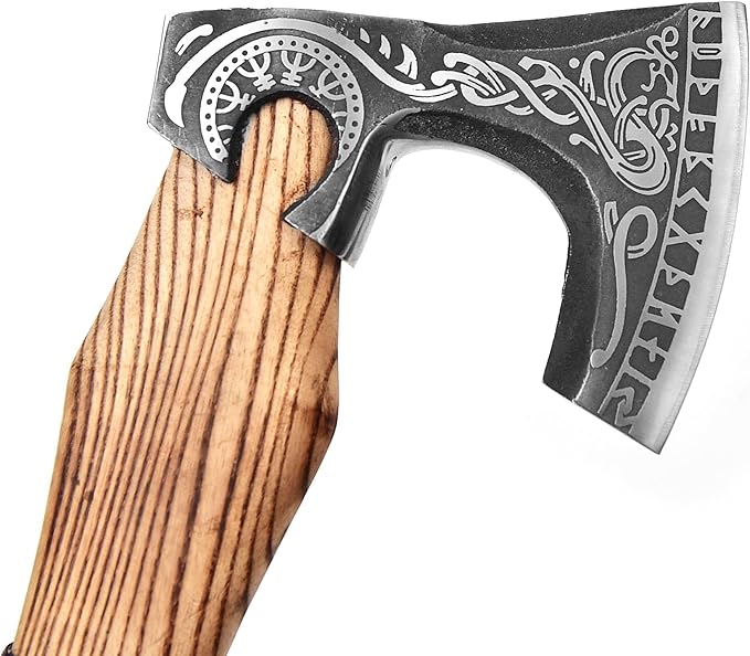 H&A CRAFTS® Viking Axe The Ragnar Lothbrok Real, and Custom Crafted with Leather Sheath Carbon Steel Camping Hatchet Personalized Gifts for Men (Runes Black Viking Axe)